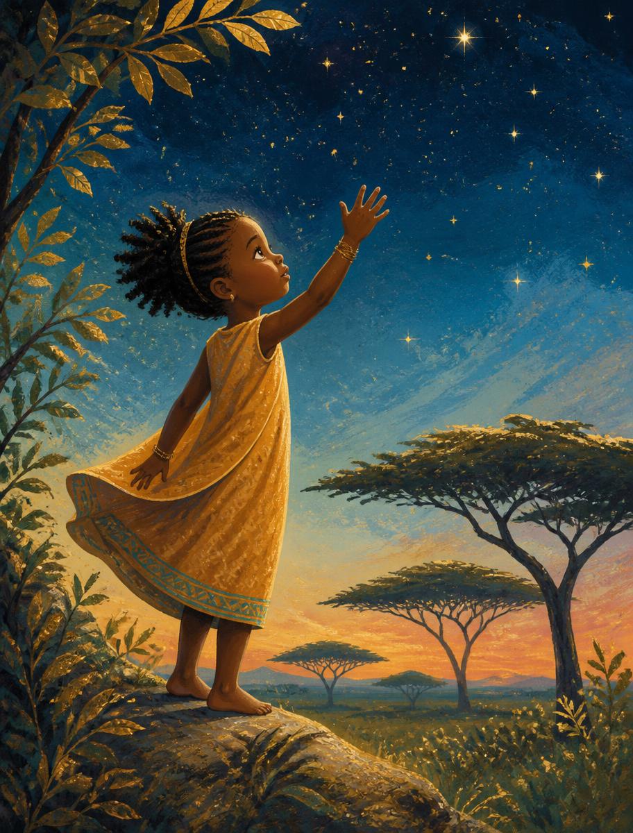 Illustration of a young girl reaching toward the first stars over an African landscape