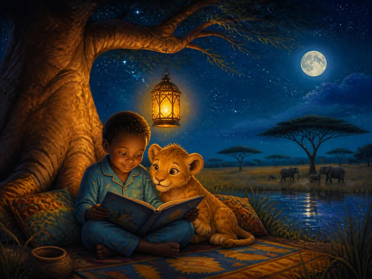 A child in pyjamas reading a storybook by lantern light beneath a baobab tree on a starlit African savannah
