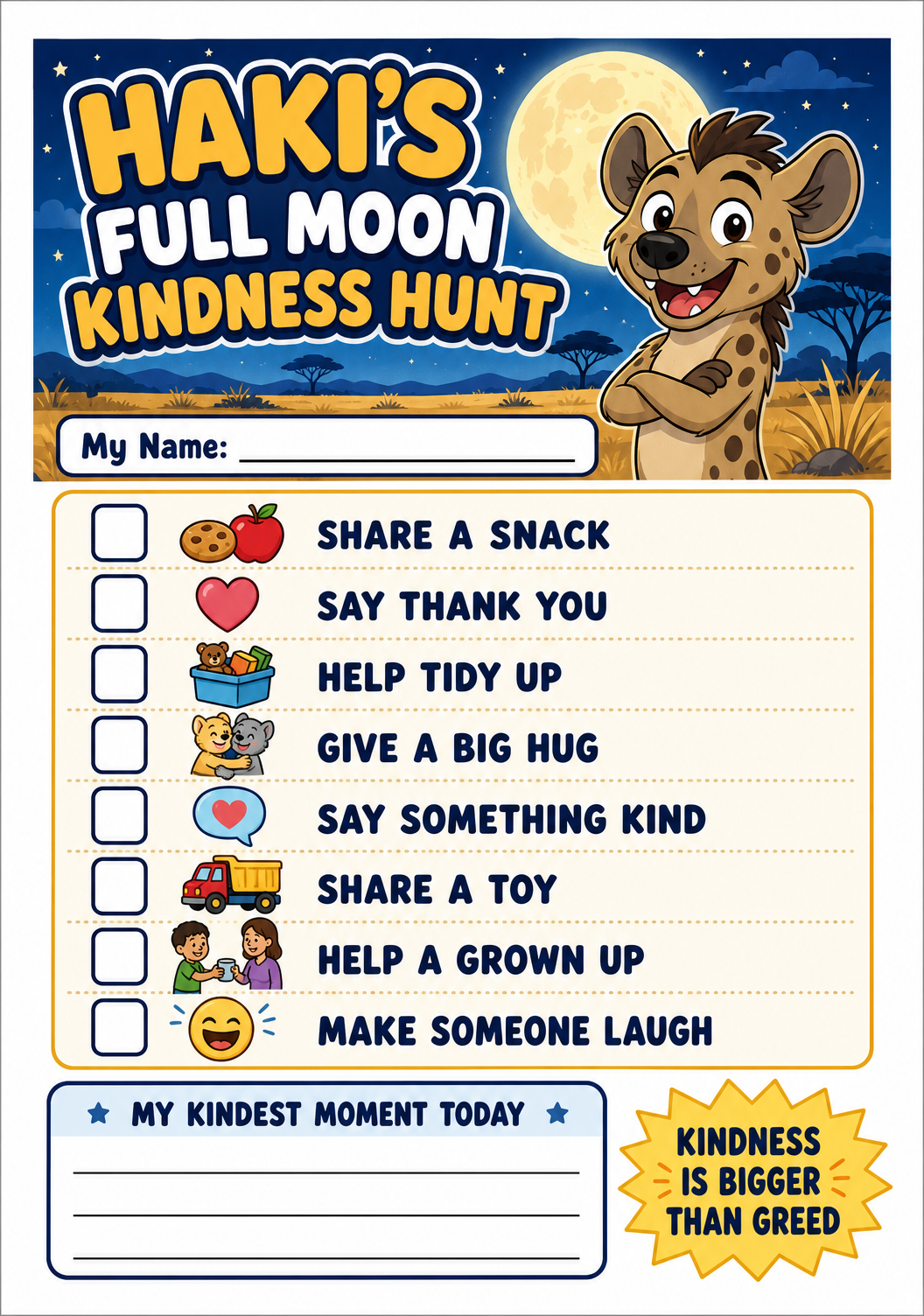 Haki's Full Moon Kindness Hunt printable checklist with eight kind deeds and tick boxes under a full moon