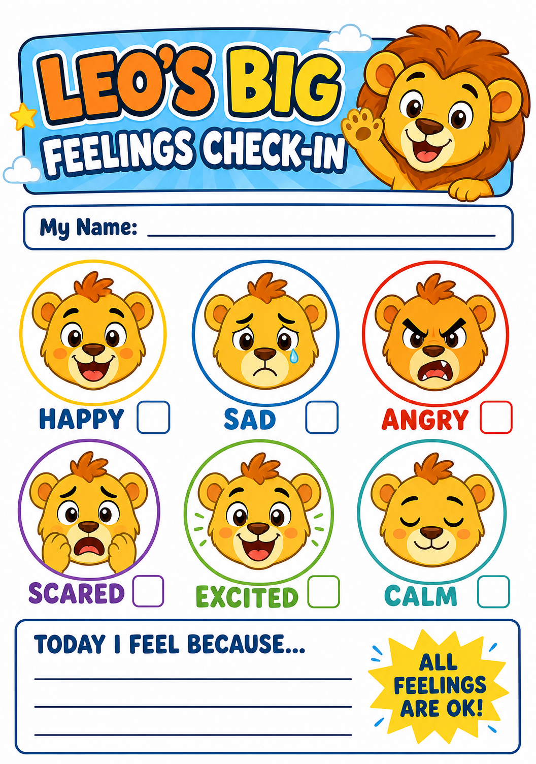 Leo's Big Feelings printable check-in sheet with six cartoon lion faces showing happy, sad, angry, scared, excited and calm