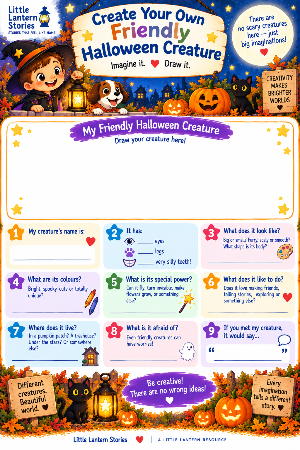 Create Your Own Friendly Halloween Creature printable with a large blank drawing space and nine questions about the creature's name, colours, powers and home