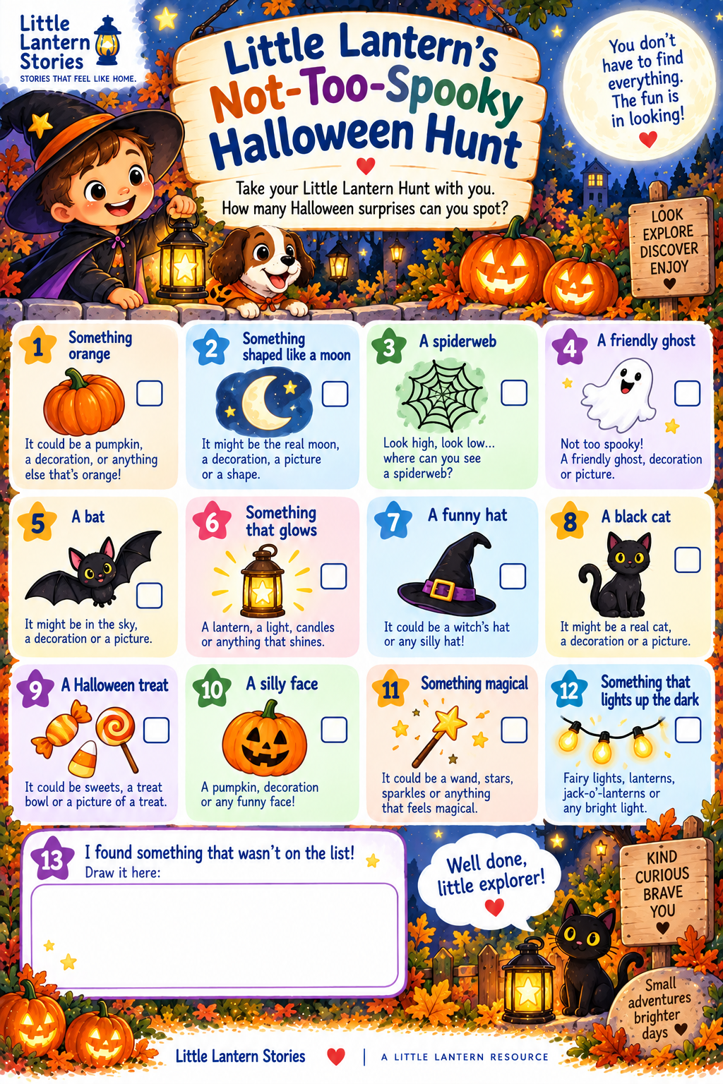 Little Lantern's Not-Too-Spooky Halloween Hunt printable with twelve Halloween things to spot and tick off, plus a space to draw an extra discovery