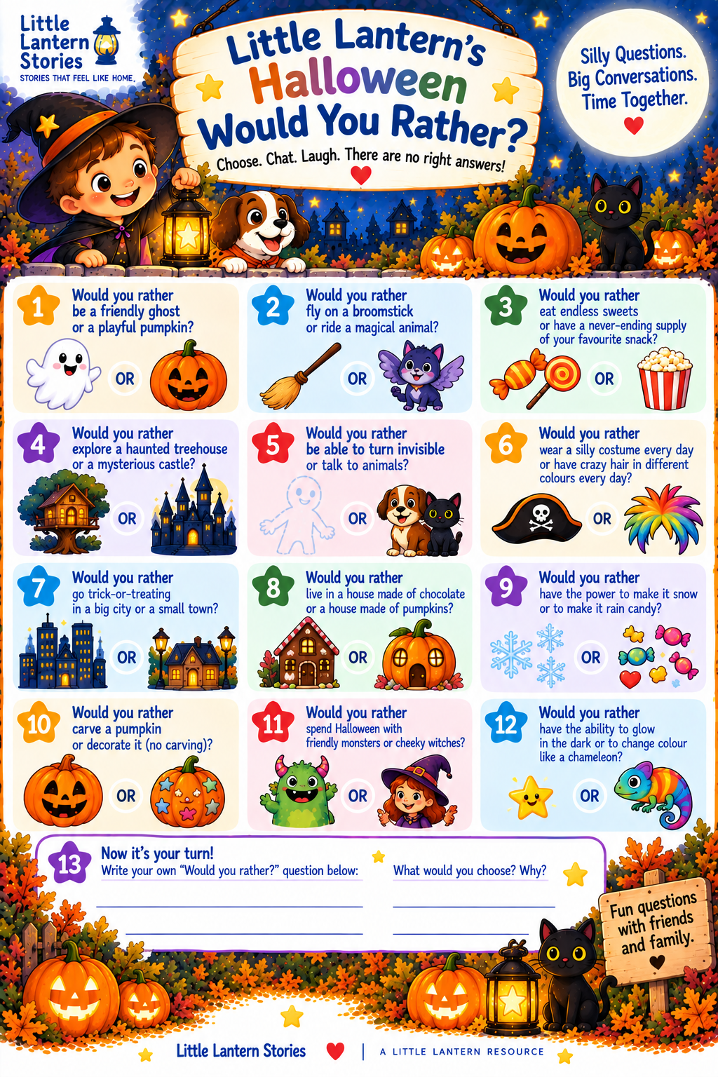 Little Lantern's Halloween Would You Rather printable with twelve illustrated silly Halloween questions and a space to write your own