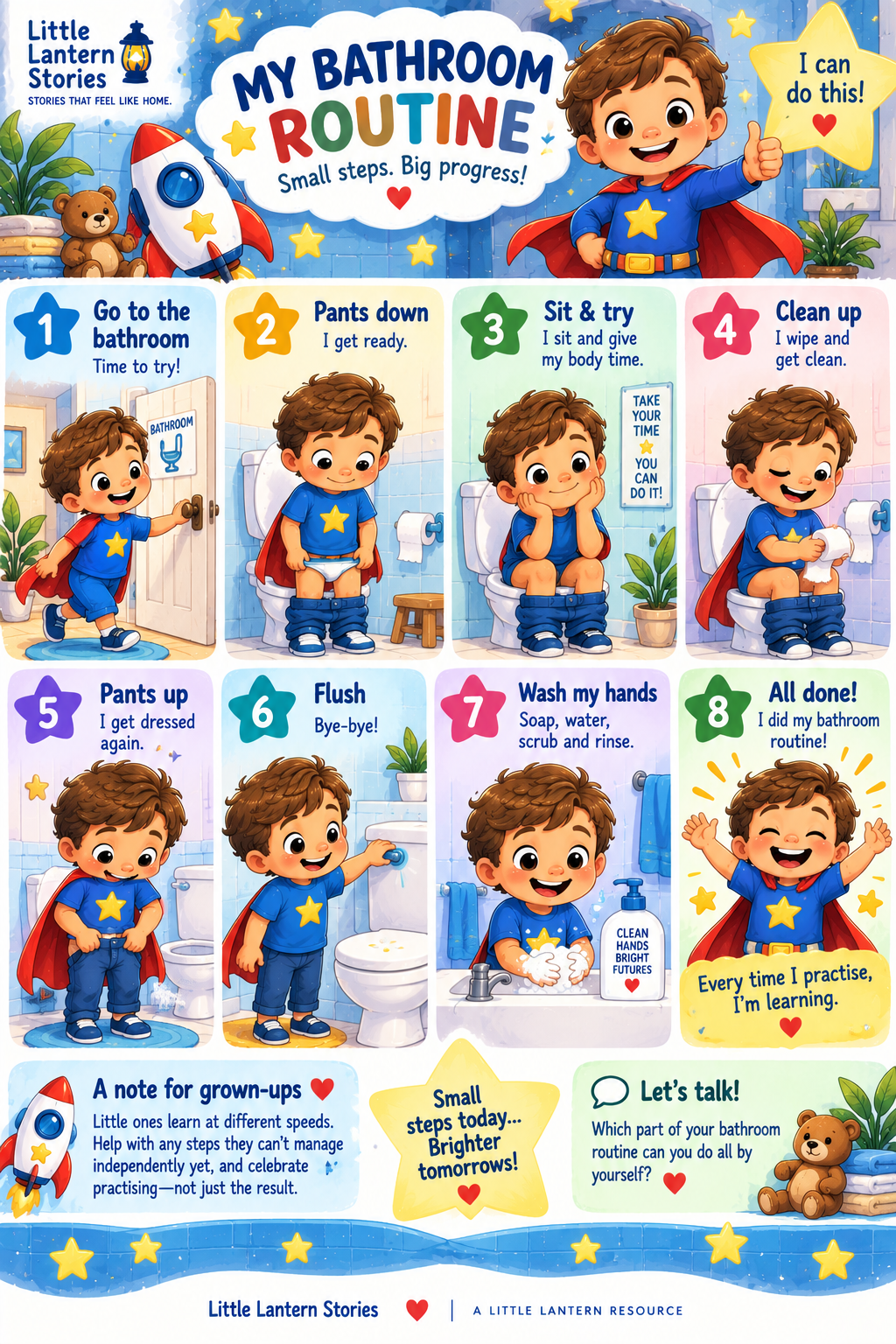 My Bathroom Routine printable with Captain Ryan and eight illustrated steps from going to the bathroom and sitting to try through flushing, washing hands and all done