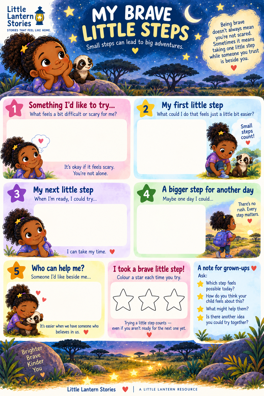My Brave Little Steps printable with Zuri under a starry sky and five spaces to write something to try, first and next little steps, who can help and three stars to colour