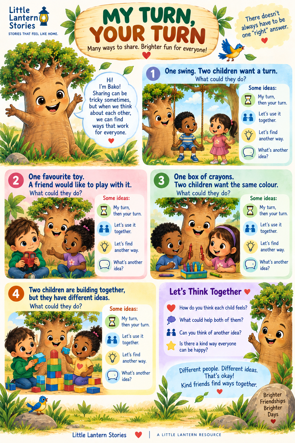 My Turn, Your Turn printable with Bako the baobab and four everyday sharing situations, each with ideas for taking turns, using it together or finding another way