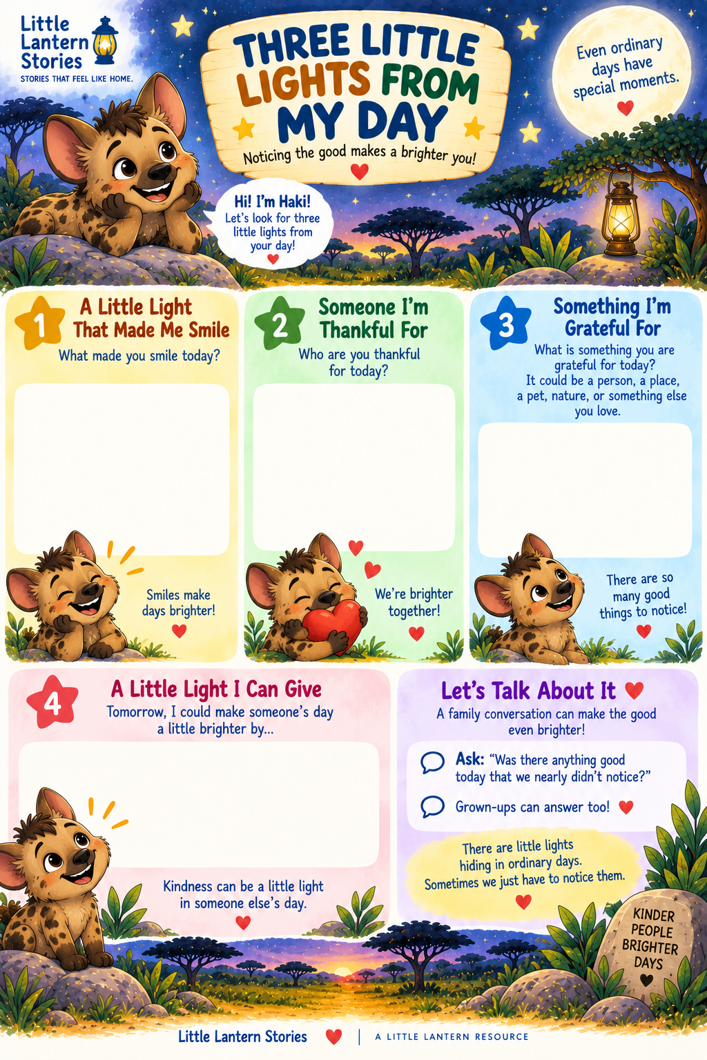 Three Little Lights From My Day printable with Haki the hyena and four writing spaces for something that made me smile, someone I'm thankful for, something I'm grateful for and a light I can give